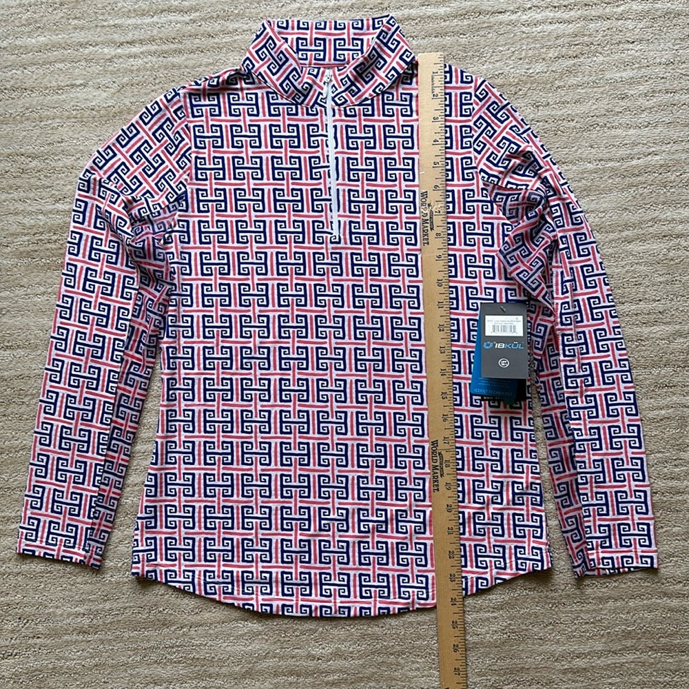 NWT IBKÜL Zip Mock Neck Geo Key Print 1/4 ZIP Polo Long Sleeve Top Size Small - Picture 13 of 16